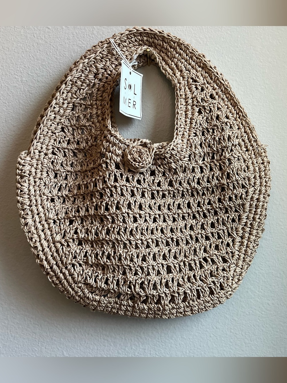 Round Handwoven Straw Hobo Purse in Brown